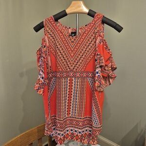 By And By Red Patterned Cold Shoulder Top